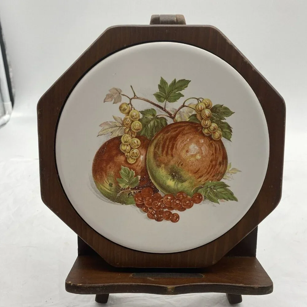 Vintage Ceramic Tile Wood Trivet Wall Hanging Octagonal Traditional Farmhouse‎